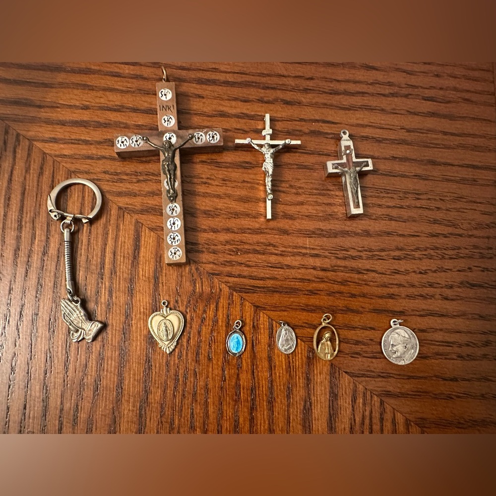 Silver and Gold Religious Pendants Collection, Crosses and a keychain